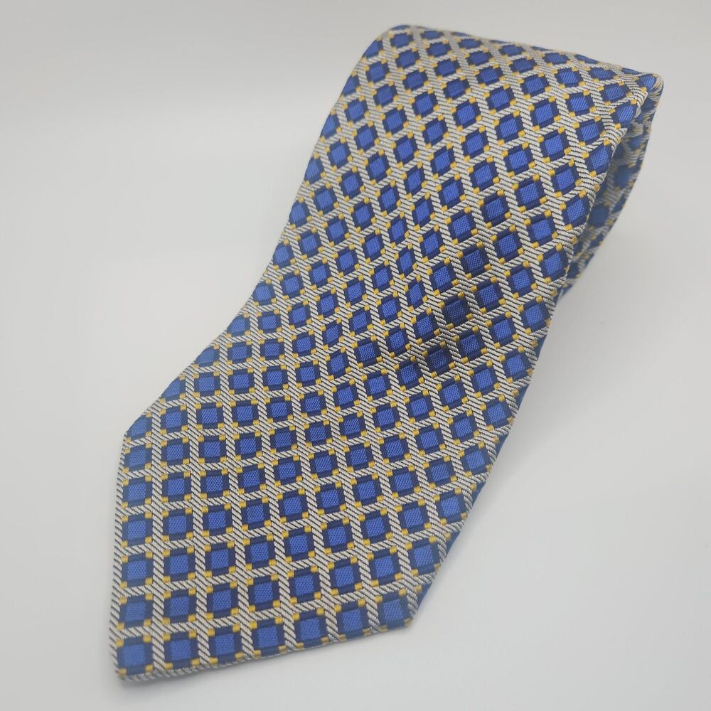 Robert Talbott Italy Geometric Medallion Pattern Men's Blue/Gold Silk Tie 60"x4"